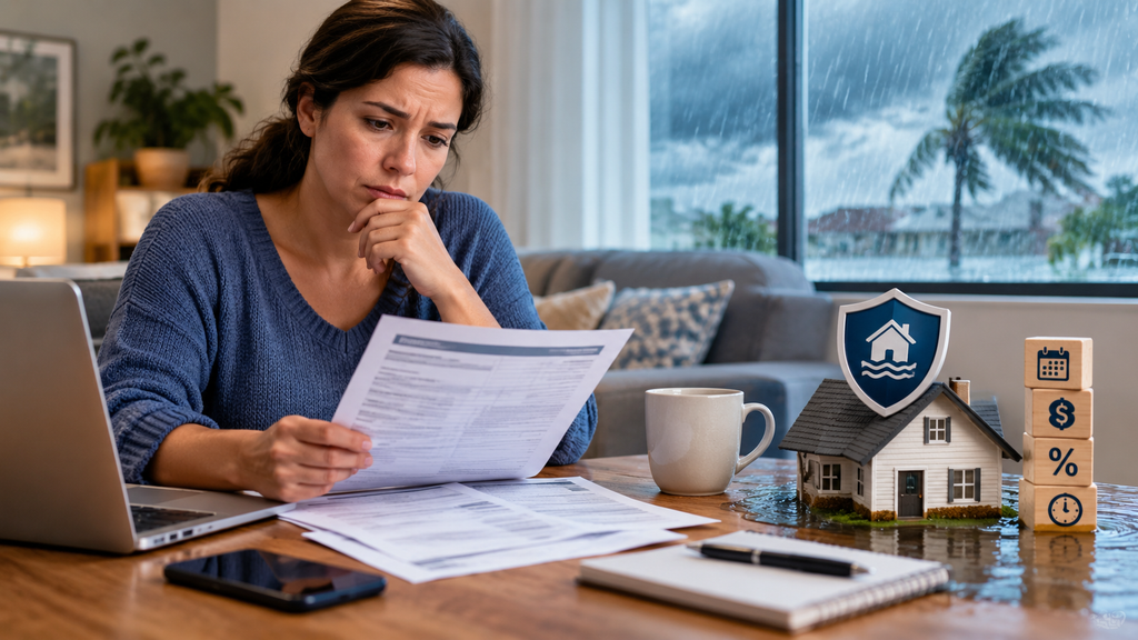 A homeowner reviews insurance documents as a storm approaches, with a partially flooded house symbolizing the risk of being left without flood coverage.